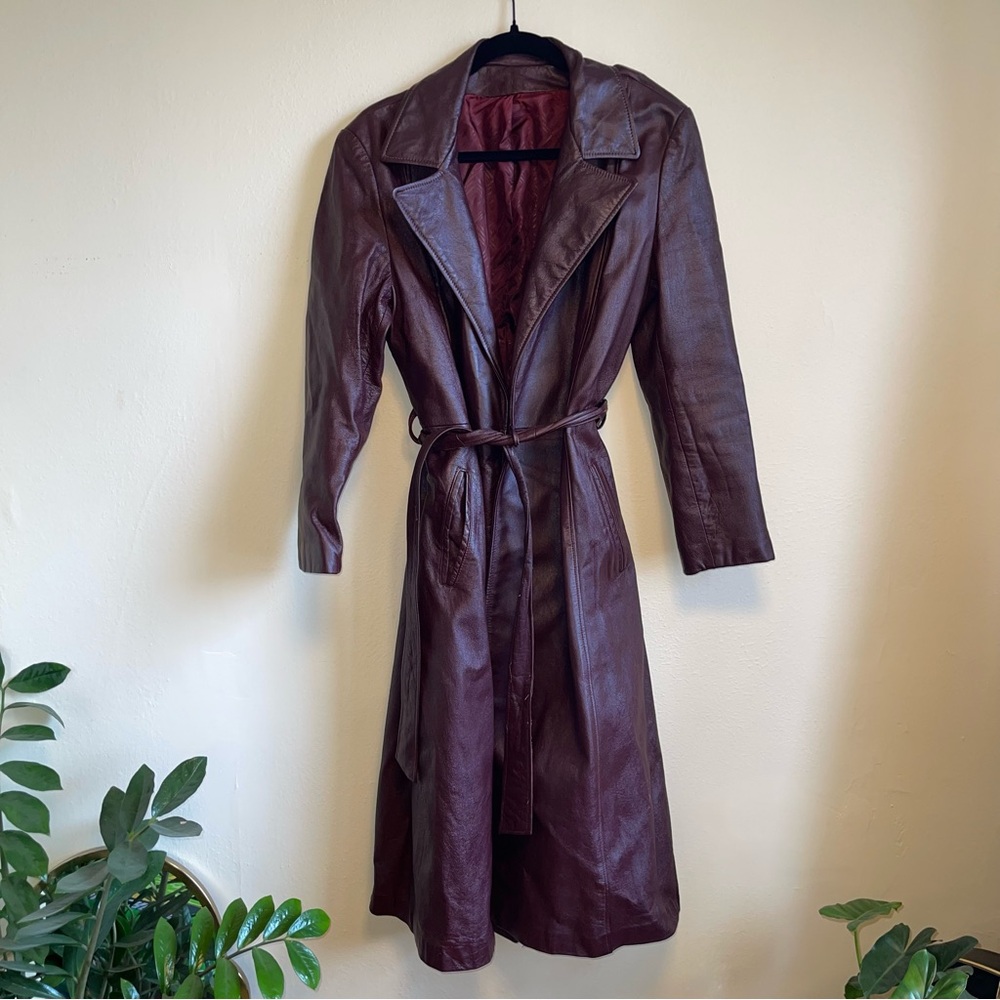Dark cherry red leather trench coat